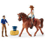 Schleich horse playset featuring a groom, Friesian mare, SUV, removable trailer, and grooming tools for imaginative adventures.