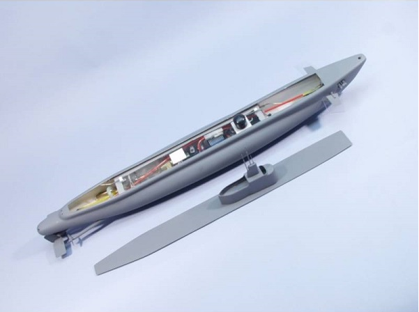 Detailed 33" wooden model submarine kit, USS Bluefish, designed for pool diving, includes motors and assembly parts.