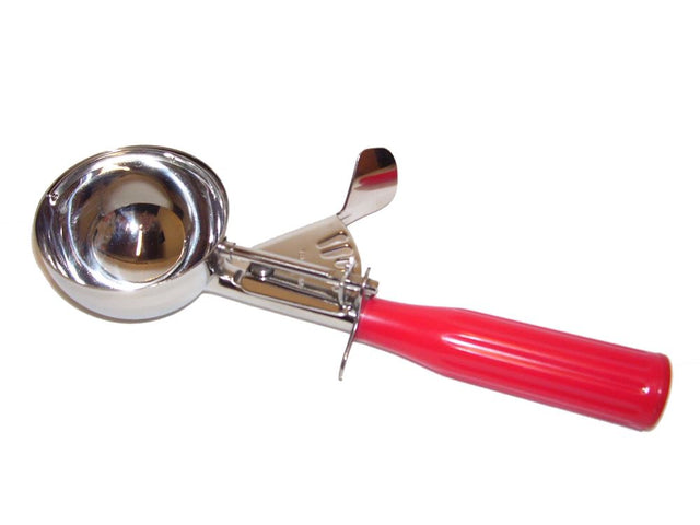 Durable stainless steel scoop with vibrant red handle, perfect for ice cream, dry goods, and pet food.