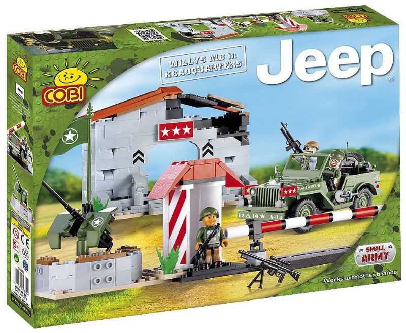 "Detailed COBI Jeep Willys MB Headquarters set with 310 pieces, 3 figures, military Jeep, and accessories for imaginative play."