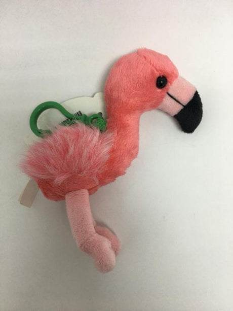 Soft plush flamingo key ring, 13 cm, perfect for kids and animal lovers, made of velour and filled with fiber pellets.
