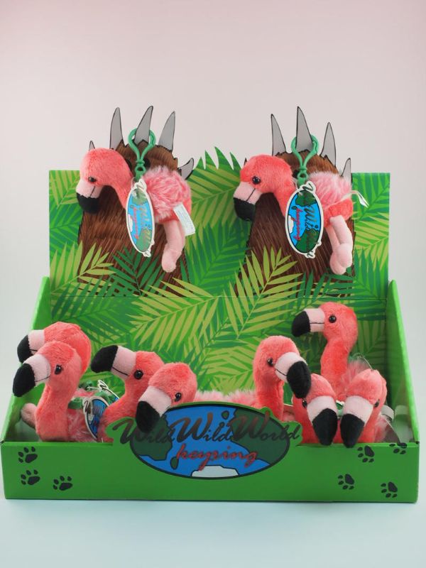 Adorable flamingo key ring made of soft velour, perfect for kids and animal lovers, measuring 13 cm.