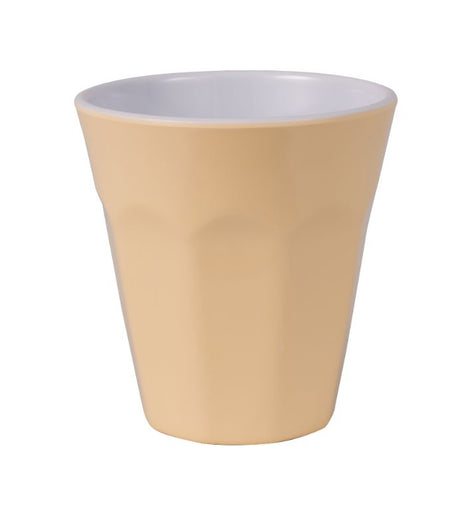 Bright yellow melamine cup perfect for outdoors, ideal for picnics, BBQs, and casual gatherings.