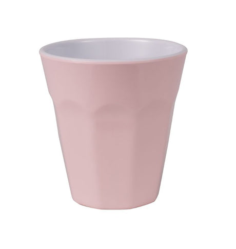 Pastel pink melamine cup ideal for outdoor dining, lightweight, shatterproof, and dishwasher safe for easy use.