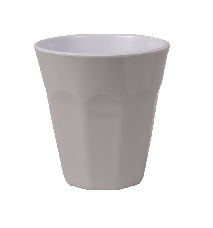 Dusty grey melamine cup, shatter-resistant and stylish, perfect for outdoor dining and family gatherings.