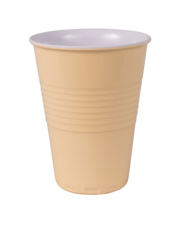 Bright yellow melamine cup perfect for outdoor dining, picnics, and barbecues, ensuring style and durability.