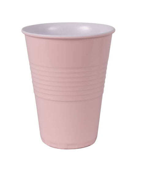 Pastel pink melamine cup ideal for outdoor dining, picnics, and barbecues, lightweight and durable for stylish convenience.