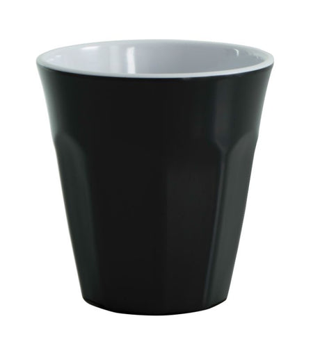 Lightweight black melamine cup, 260ml capacity, perfect for outdoor dining, picnics, and BBQs with elegant two-tone design.