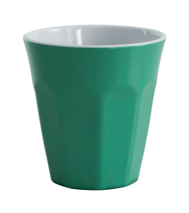 Vibrant green two-tone melamine cup, 260ml, perfect for outdoor dining, picnic-friendly, lightweight and shatter-resistant.