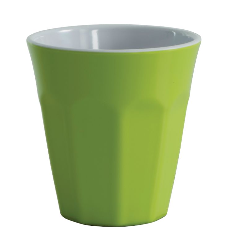 Vibrant lime green 260ml melamine cup, perfect for outdoor dining, picnics, and BBQs with its durable, lightweight design.