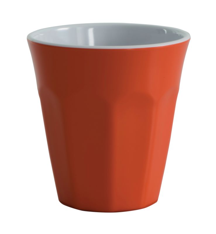 Bright orange 260ml melamine cup for outdoor dining, shatterproof and lightweight, perfect for picnics and gatherings.