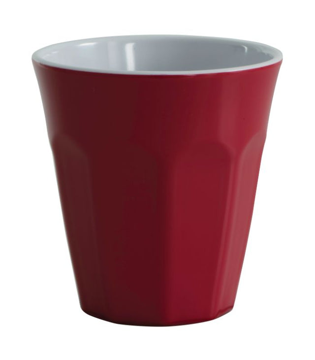 Vibrant red Serroni Cafe Melamine 260ml cup, lightweight and shatter-proof, perfect for outdoor dining and picnics.