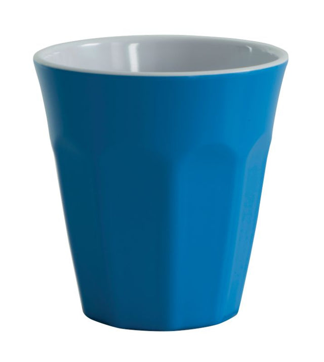 Serroni Cafe Melamine Two Tone 260ml Cup in Rix Blue, lightweight, shatter-resistant, perfect for outdoor dining adventures.