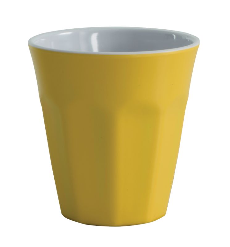 Bright yellow 260ml melamine cup, lightweight and shatterproof, perfect for outdoor picnics and gatherings.