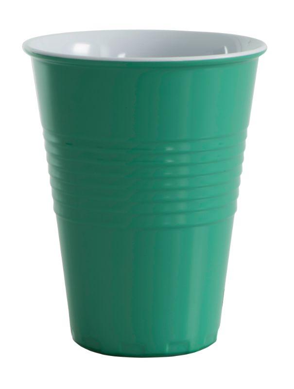 Bright green 400ml melamine cup featuring a two-tone design, perfect for outdoor dining and durable for picnics and BBQs.