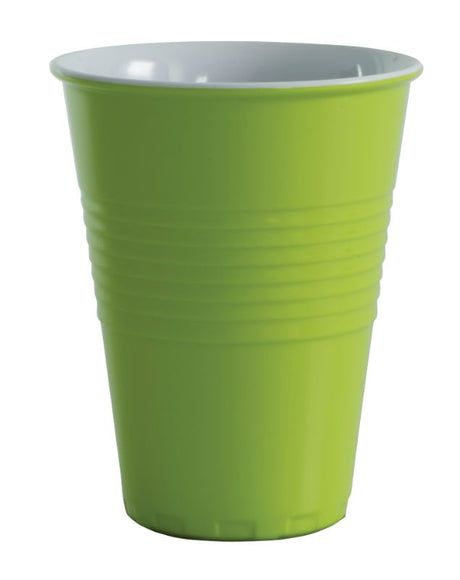 Vibrant lime green two-tone melamine cup, perfect for outdoor dining and durable enough for kids. 400ml capacity.