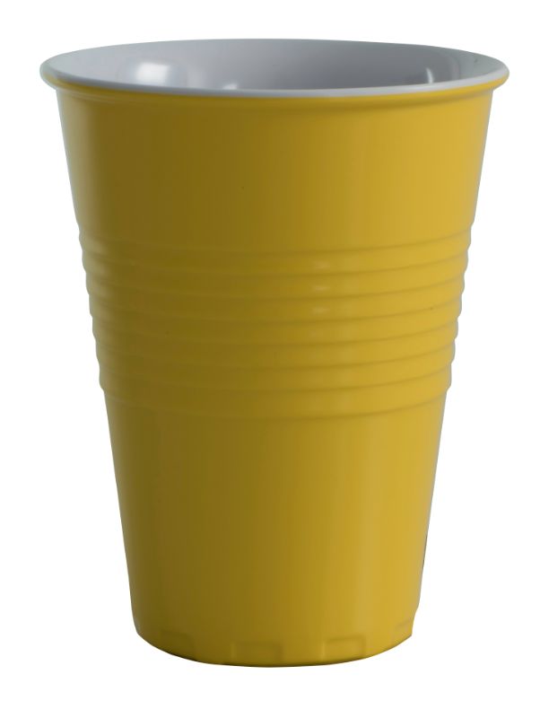 Serroni Miami 400ml yellow melamine cup, perfect for outdoor dining with a vibrant two-tone design. Lightweight and shatter-proof.