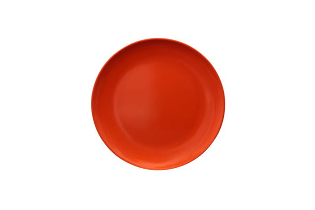 Vibrant orange 20cm Serroni melamine plate, perfect for outdoor dining, picnics, BBQs, and unbreakable use.