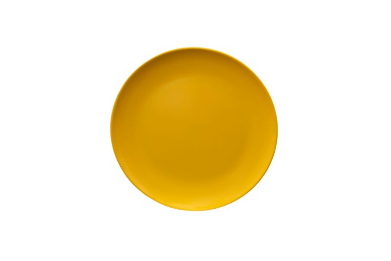 Vibrant yellow 20cm melamine plate, lightweight and shatterproof, perfect for outdoor dining and picnics.