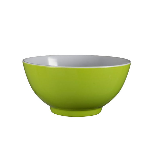 Vivid lime green 15cm melamine bowl, perfect for outdoor dining, picnics, and BBQs, durable and shatter-resistant.