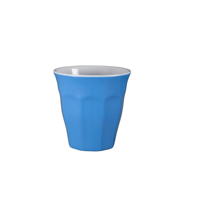 Vibrant cornflower blue melamine cup, perfect for outdoor dining and picnics, shatterproof and lightweight design.