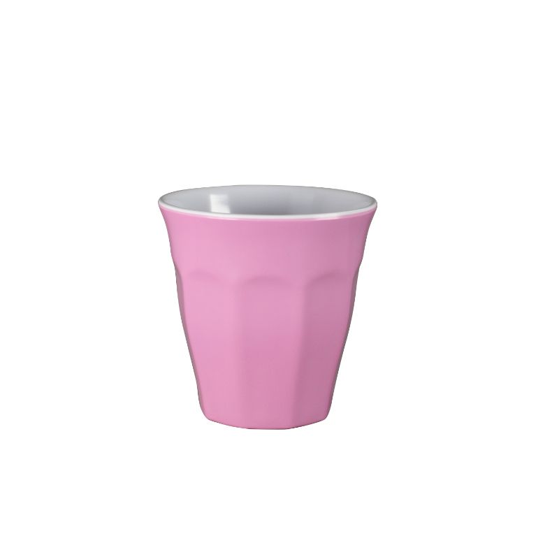 Bright pink Serroni Cafe Melamine Cup, perfect for outdoor dining and picnics, lightweight and durable for easy transport.