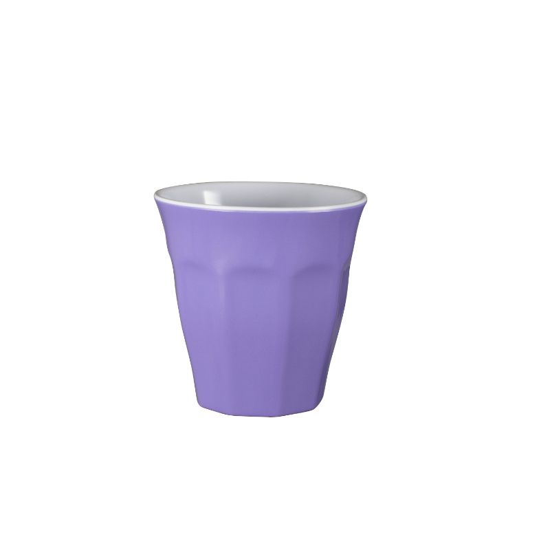 Lavender melamine cup for outdoor use, lightweight and durable, perfect for picnics and BBQs.