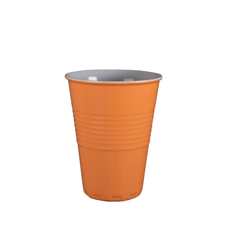 Bright apricot melamine cup, shatterproof and lightweight, perfect for outdoor dining and vibrant summer gatherings.