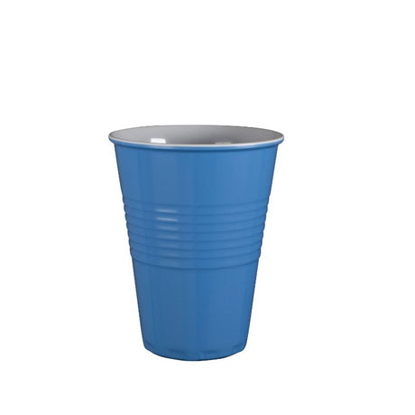 Vibrant cornflower blue melamine cup, perfect for outdoor picnics and gatherings, lightweight and dishwasher safe.