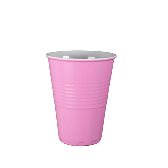 Vibrant pink melamine cup designed for outdoor use, durable and lightweight for picnics and gatherings.