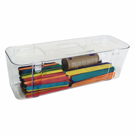 Large clear stackable caddy organiser by Deflecto, ideal for easily accessing and storing various items in any space.