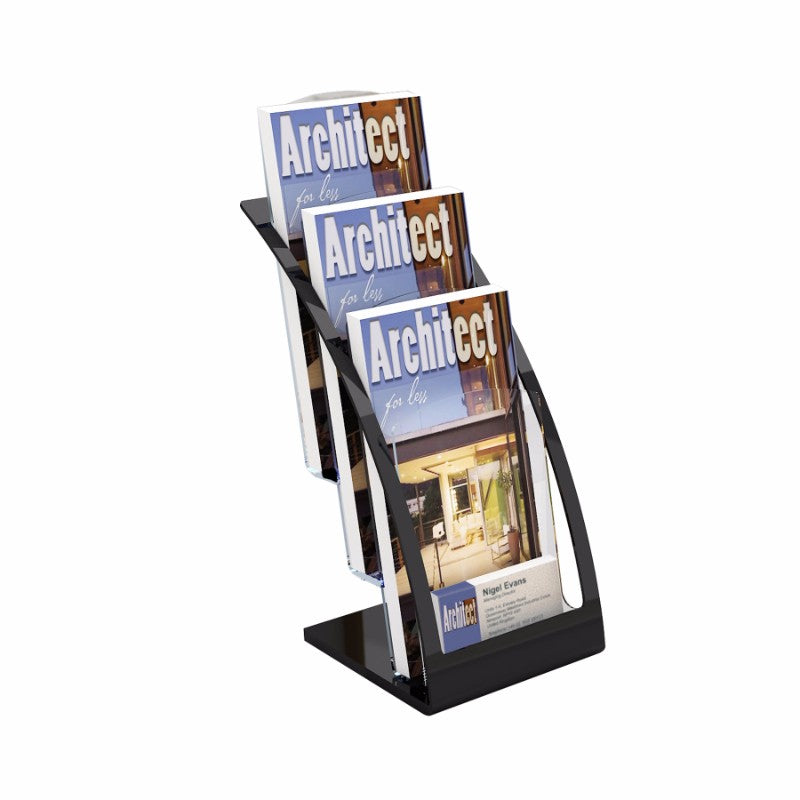Black 3-tier brochure holder with clear pockets for DLE materials, featuring a modern design and integrated business card holder.