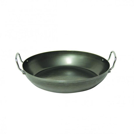 Blue steel 45cm paella pan designed for high-temperature cooking, requiring seasoning for non-stick properties and durability.