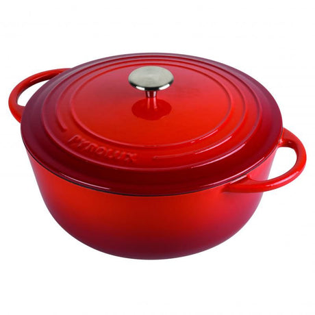 Red enamelled cast iron casserole with 5L capacity, moisture retention lid, and stainless steel knobs for elegant cooking.