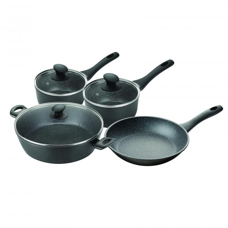 "Pyrolux Pyrostone 4 Piece Cookware Set featuring non-stick pots and pans, ergonomic handles, and versatile use for all cooktops."