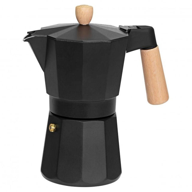 Avanti Malmo Espresso Maker in black, 300ml, brews 6 cups with aluminum body and beechwood handle for mess-free serving.