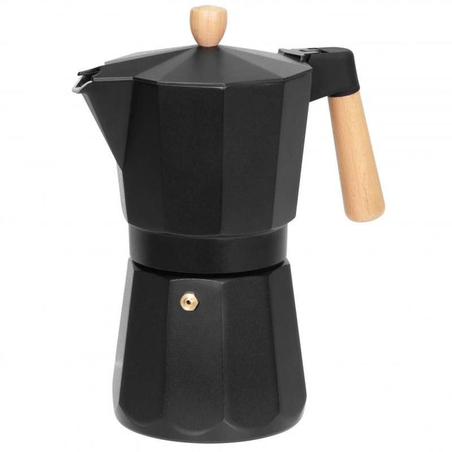 Avanti Malmo Espresso Maker in black with beechwood accents, brews 9 cups of rich espresso, perfect for coffee lovers.