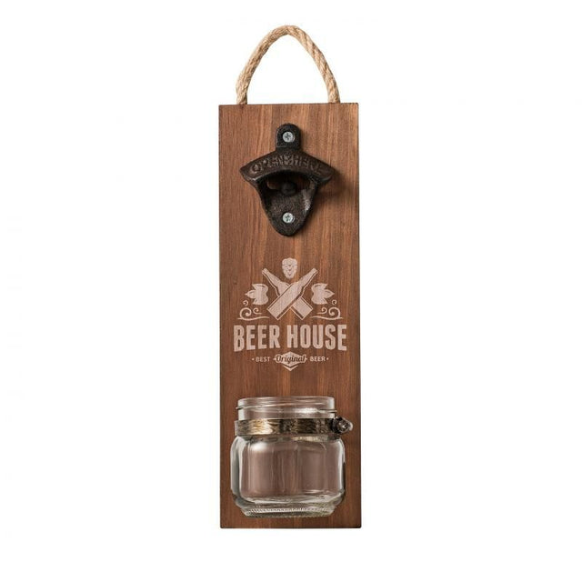 Stylish Avanti bottle opener with jar cap catcher, crafted from cast iron and wood for a tidy, convenient beverage experience.