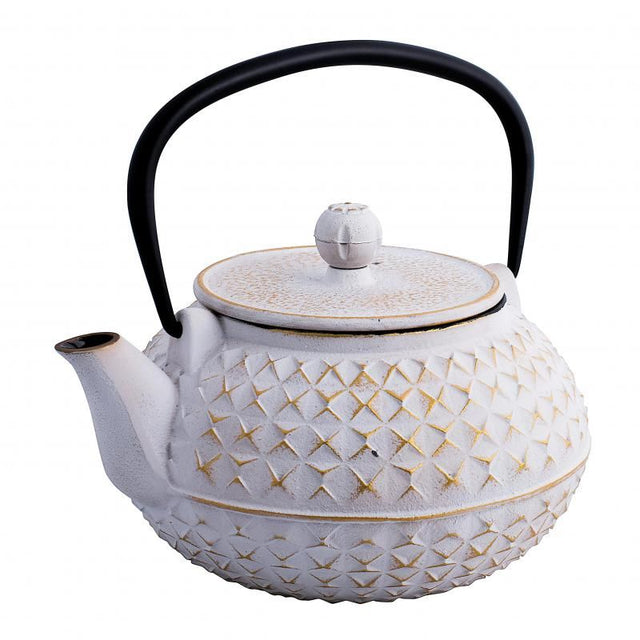 Elegant Avanti Empress Teapot in white and gold, 900ml capacity, featuring a removable infuser for refined tea brewing.