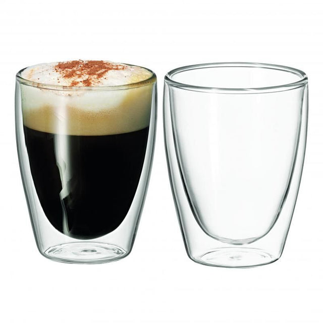 Avanti twin wall glasses set, 250ml, designed for thermal efficiency and elegant drink presentation, safe for microwave and dishwasher.