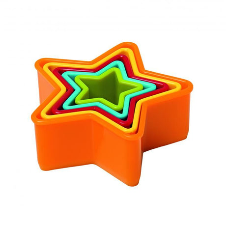 Colorful set of 5 star-shaped cookie cutters for versatile baking, ideal for cookies, sandwiches, and more; dishwasher safe.