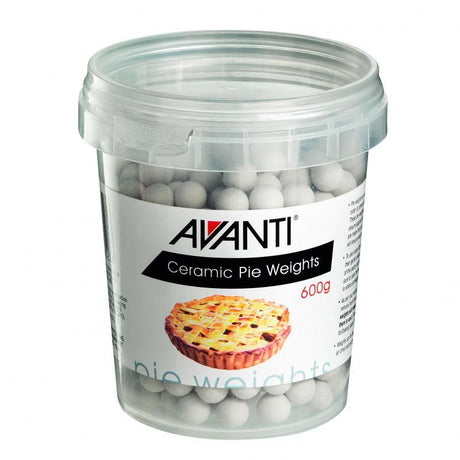 Avanti Ceramic Pie Weights Tub (600g) for blind baking, preventing crust shrinkage and bubbling, stored in a convenient plastic tub.