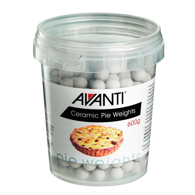 Avanti Ceramic Pie Weights Tub (600g) for blind baking, preventing crust shrinkage and bubbling, stored in a convenient plastic tub.