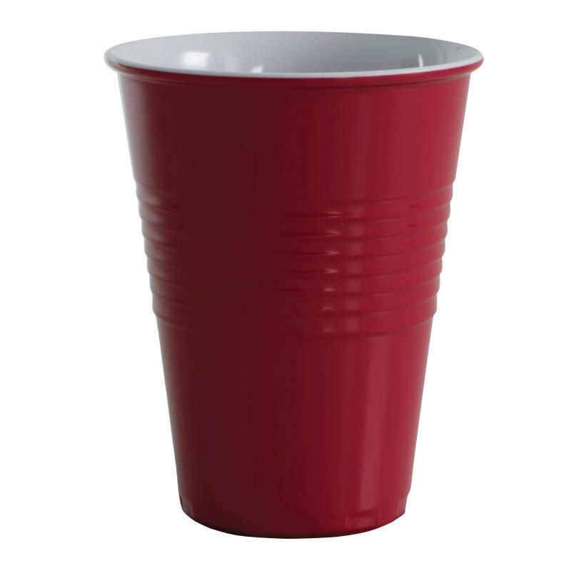 Vibrant red 400ml melamine cup with three-ring grip, perfect for serving drinks at home or outdoor gatherings.