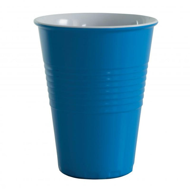 Bright blue melamine cup with three-ring grip, 400ml capacity; perfect for indoor/outdoor use and dishwasher safe.