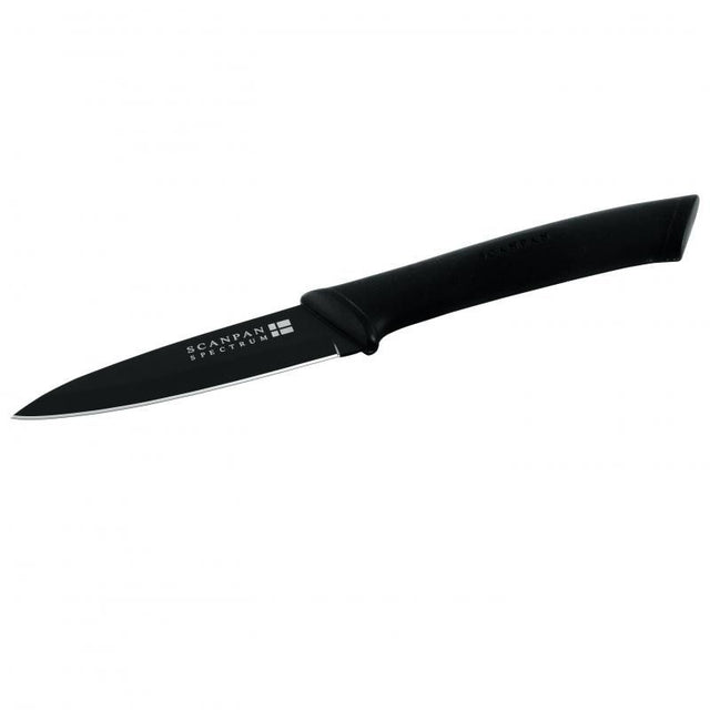 Scanpan Spectrum Black Utility Knife 10cm featuring a sharp, non-stick carbon stainless steel blade and ergonomic soft-touch handle.