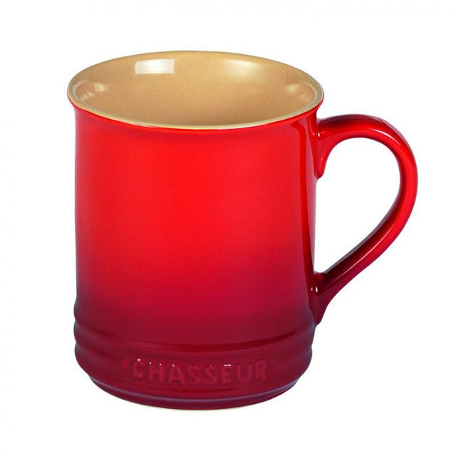 Vibrant red CHASSEUR La Cuisson Mug 350ml, enamel stoneware, oven/microwave/freezer safe, ergonomic handle for comfort.