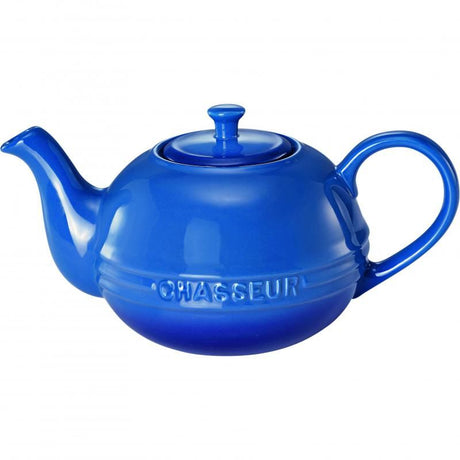 Chasseur La Cuisson Teapot in blue, 1.1L, handcrafted, oven/microwave/freezer safe, durable, and stylish for tea gatherings.