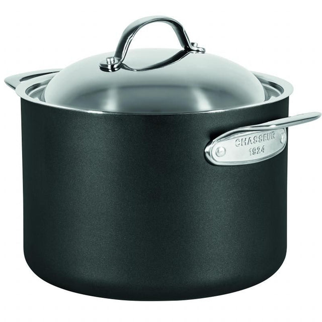 Chasseur Hard Anodised 24x17cm 7L Stock-Pot with tempered glass lid, non-stick surface, and even heat distribution for perfect cooking.