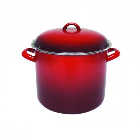 Chasseur 28x24cm red enamel stock pot, 14L capacity, durable, with non-stick surface and handles for easy lifting.